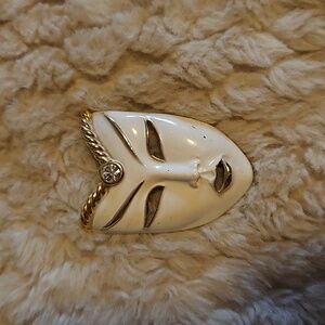 #0127 Masked Woman Pin, White Rhinestone,  White ENAMEL Face Brooch 80s